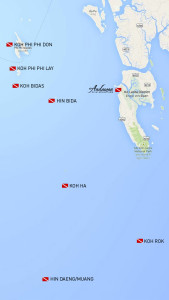 Map van duik lokaties rondom Koh Lanta